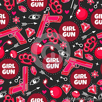 Girl gun. Fashion seamless pattern with gun, lollipop, diamond, arrow, eyes, bomb, brilliant, flowers, heart, revolver and brass k Stock Photo
